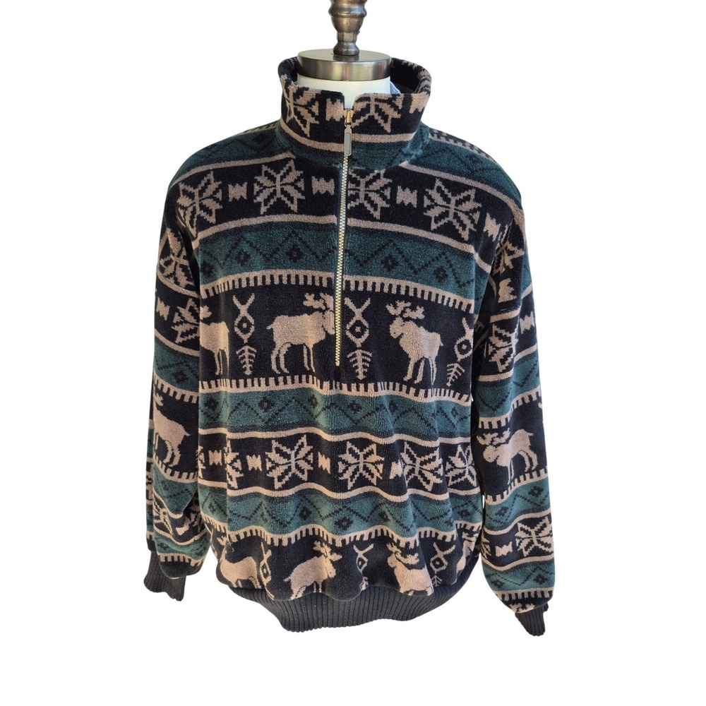 Norm Thompson Mens Large Fleece Quarter Zip Pullover Moose Snowflake Black Green